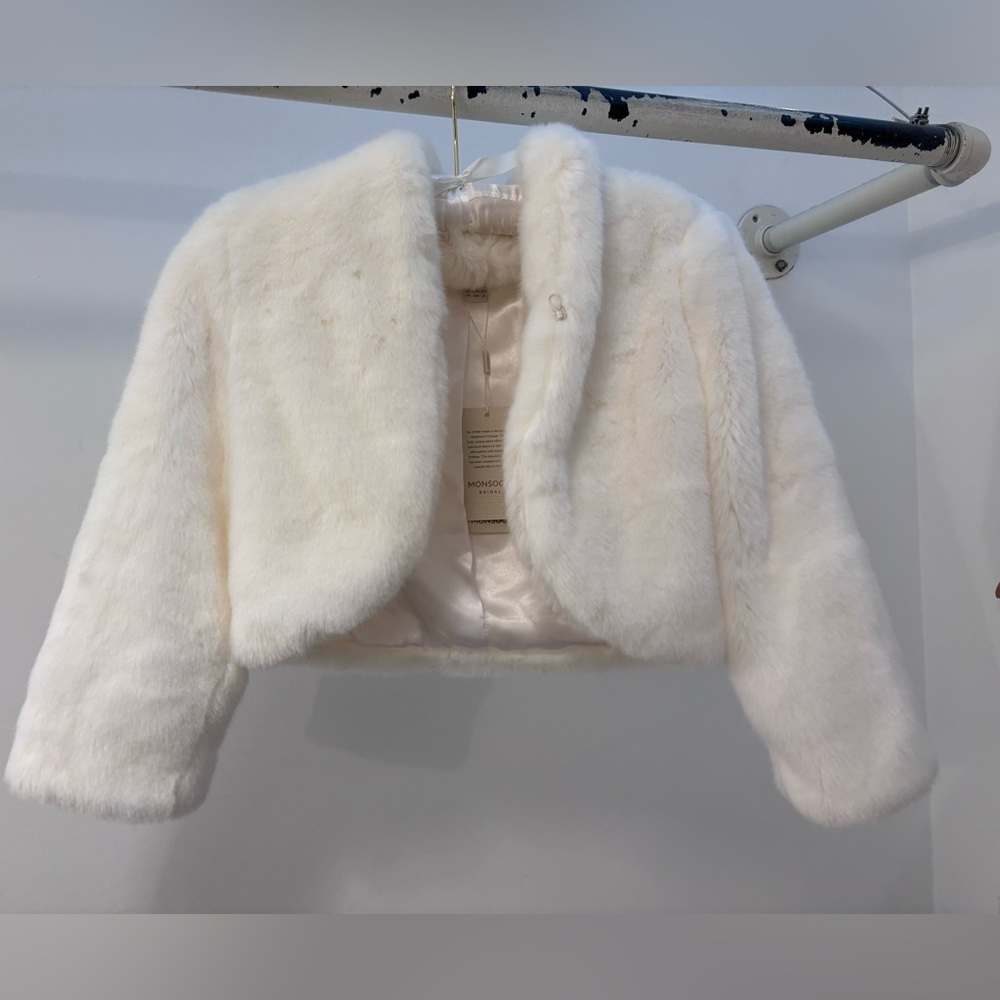 Cropped white faux fur jacket by Monsoon Bridal ~ SZ 2